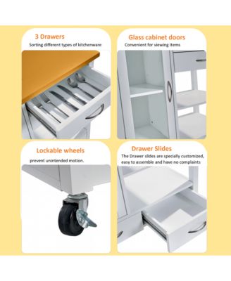 Kitchen Island Cart, Portable Bar Rolling Storage Cabinet on Wheels with Open Shelving, Drawers, and a Glass-Door for Kitchen