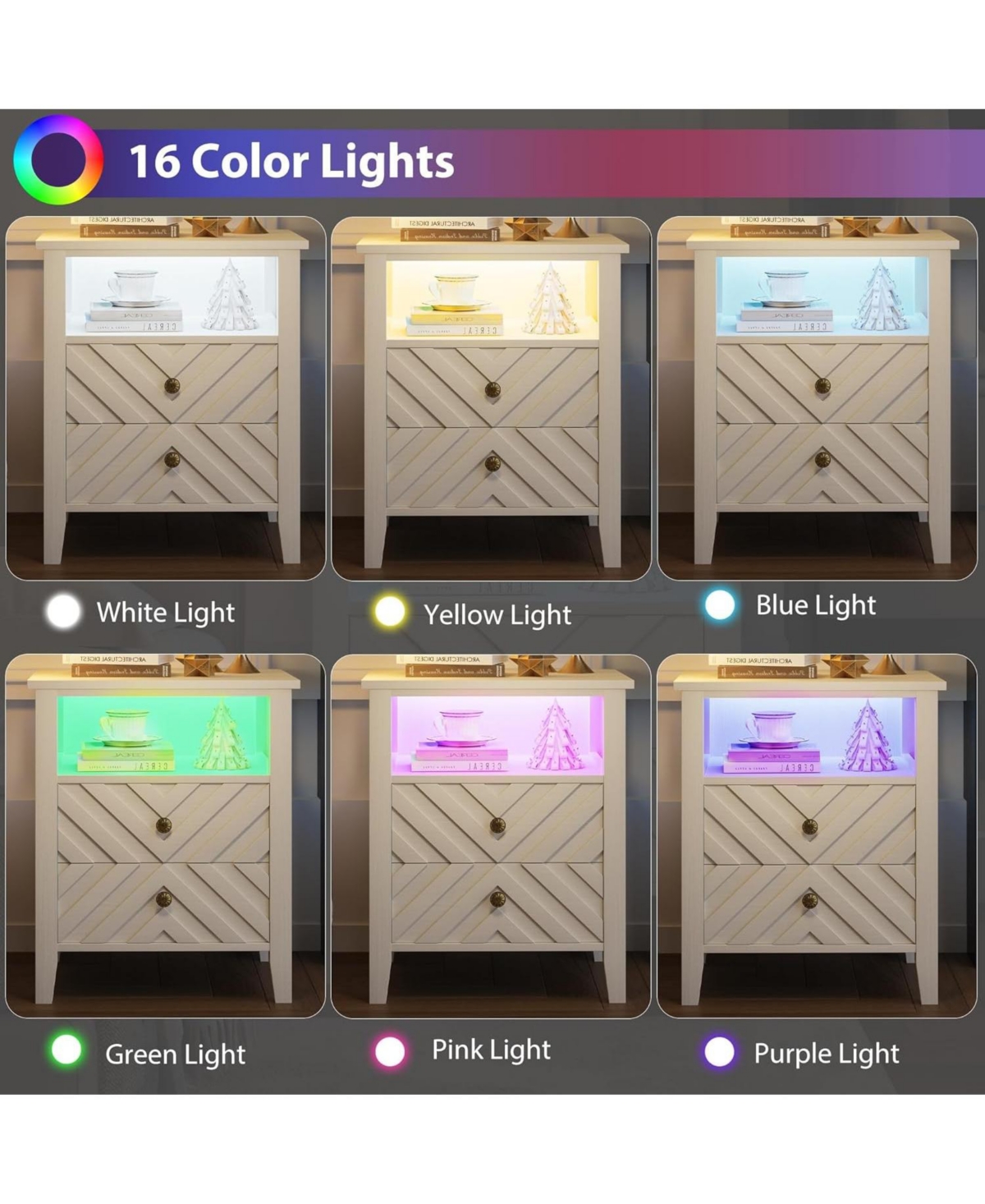 gaomon Led Nightstand with 2 Storage Drawers, Farmhouse Bedside Table with Rgb Lighting, Open Shelf and Sturdy Wooden Legs, Rustic Side Table