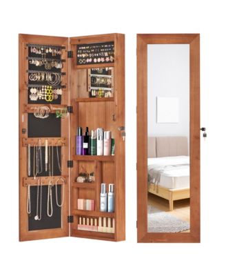 Mirror Jewelry Cabinet with LED Lights, Lockable Wall/Door Mounted Jewelry Armoire Organizer for Bedroom