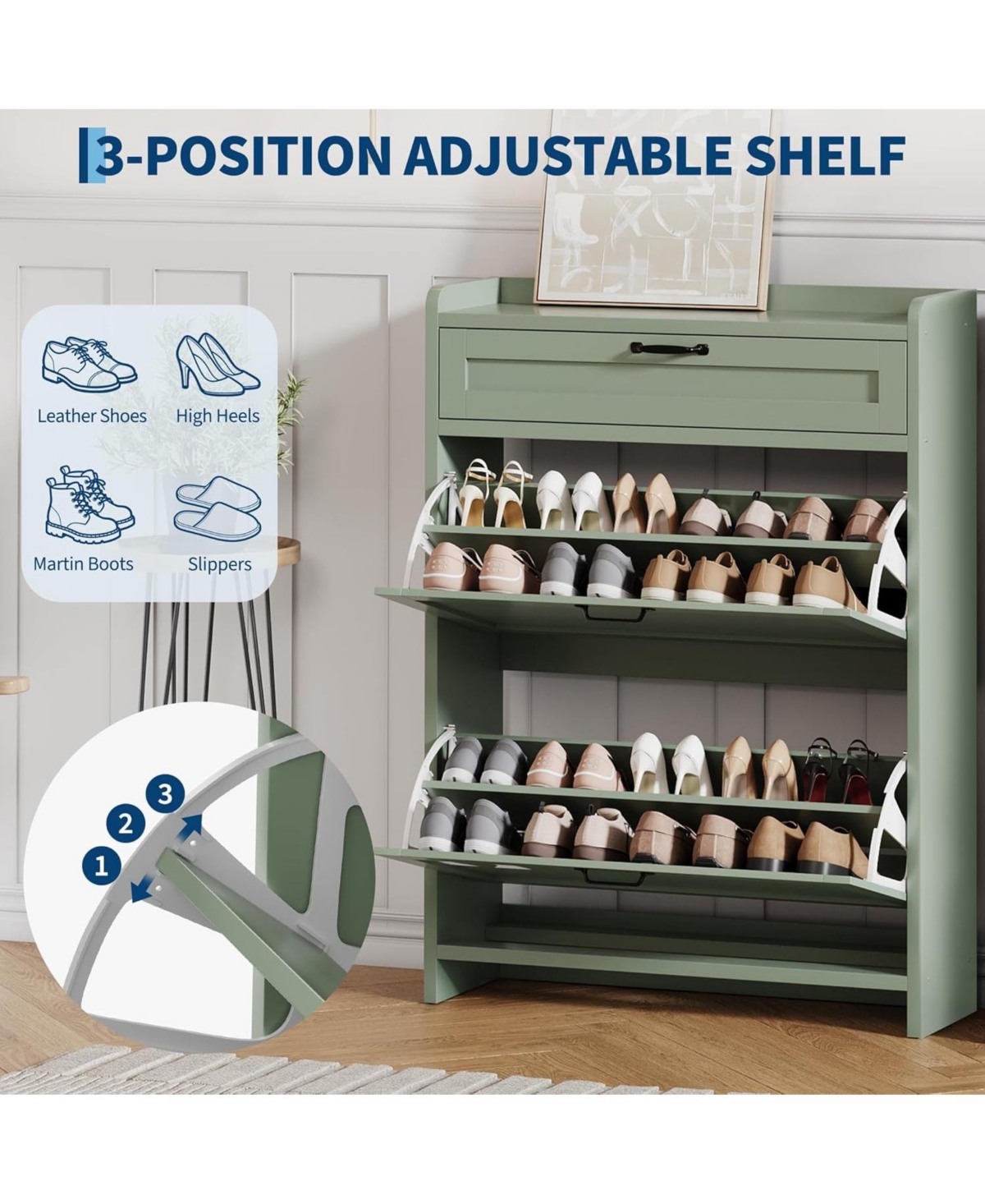 gaomon Shoe Cabinet with 2 Flip Drawers and 1 Top Drawer High-Gloss Painted Wood Shoe Organizer with Adjustable Shelves