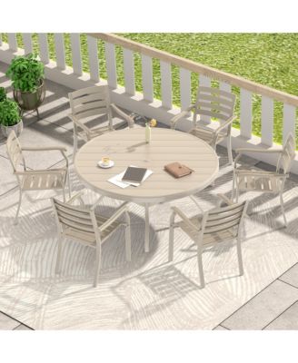 7-Piece Outdoor Dining Set, 6 Stackable Metal Chairs with 1 Round Slatted Table, Sandstone Color, All-Weather Patio Set