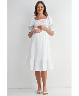 Maternity Smocked Empire Waist Puff Sleeve Midi Dress with Ruffle Hem