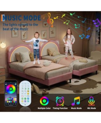  Upholstered Platform Bed Adjustable LED Headboard Wooden Slats Smart Light Design No Box Spring