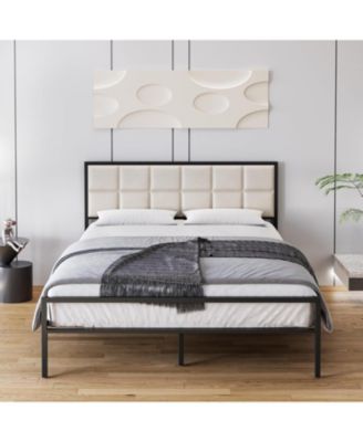 Upholstered Metal Bed Frame, Faux Leather Square-Stitched Headboard, Steel Slats, Box Spring Optional