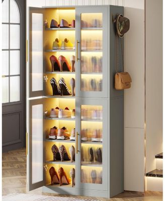 8-Tier Tall Shoe Storage with Acrylic Doors and LED Lights Set of 2, Organizer Rack with Adjustable Shelves and Hanging Hooks