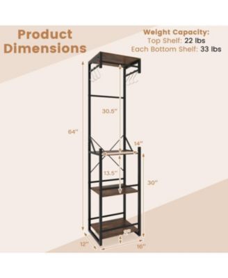 Freestanding Coat Rack with 6 Hooks and 4 Storage Shelves