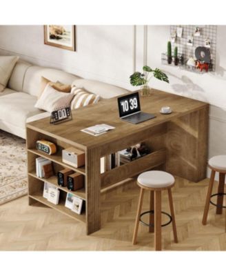 3-Tier Farmhouse Kitchen Island with Storage, 59'' Wooden Stationary Island Table with Open Shelves & Large Worktop & Leg Room