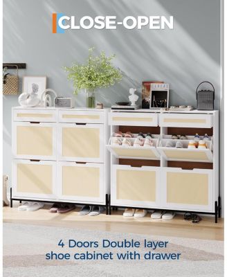 Rattan Shoe Cabinet Storage with 4 Flip Drawers and 2 Top Drawers Freestanding Shoe Organizer Wooden Slim Shoe Rack Storage