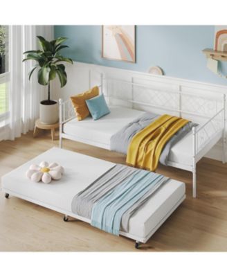 Daybed with Trundle Metal Twin Headboard Sofa Bed Metal Slats Bedroom Living Room Guest Room