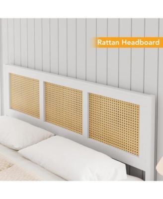 King Bohemian Rattan Platform Bed Frame Metal Slats Support No Box Spring Noise-Free Stylish Headboard