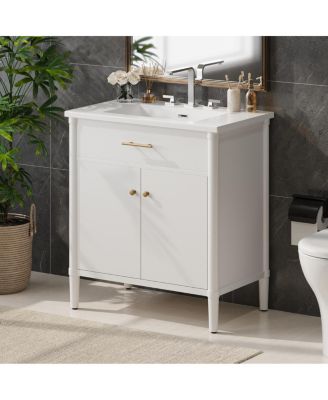 31 Inch Modern Freestanding Bathroom Vanity with Ceramic Sink, MDF Cabinet, Soft Close Doors, Solid Wood Legs