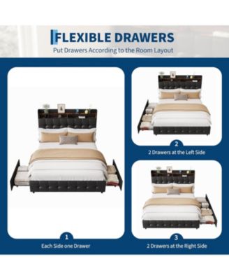 Queen Size Bed Frame with 2 Storage Drawers, Upholstered Bed Frame Queen with LED Light