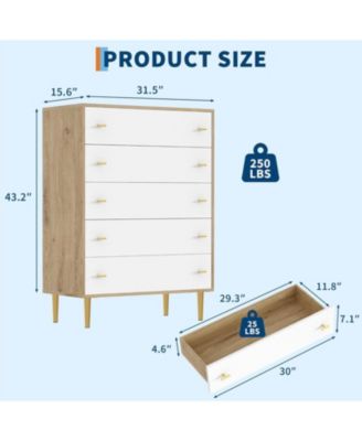 5 Drawer Rustic Dresser 44 Inch Tall Vintage Design Bar Handles for Bedroom Pine