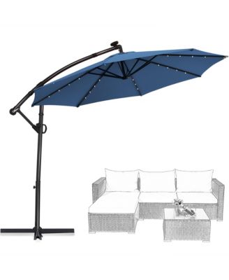 10Ft Offset Hanging Umbrella Patio Outdoor w/ 32 Solar LED Lights