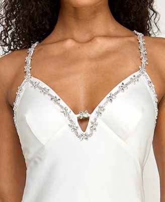 Juniors' Rhinestone Trim Long V-Neck Slip Dress