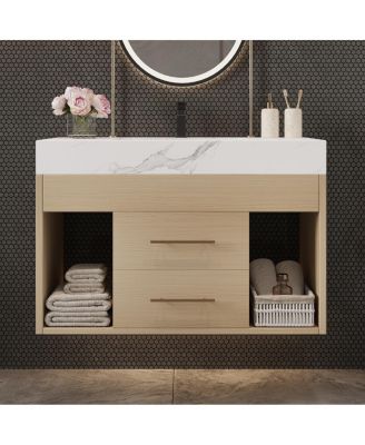 29.9" Floating Bathroom Vanity with Ceramic Sink, Sintered Stone Top, 2 Soft Close Drawers, Wall Mounted for Small Bathrooms