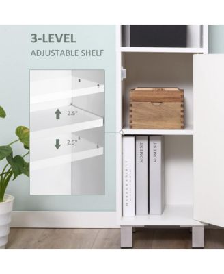 Tall Bathroom Storage Cabinet with Mirror, Wooden Freestanding Tower Cabinet with 2 Enclosed Cabinets, 2 Middle Open Shelves for Small Spaces