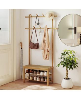 PE Rattan Hall Tree Coat Rack with Bench and Shoe Storage