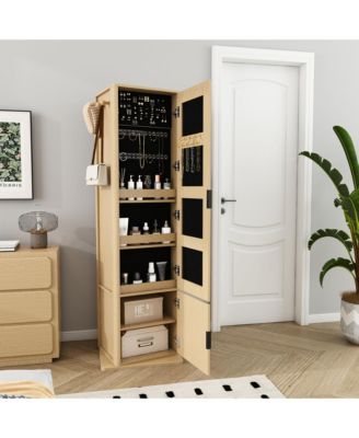 360° Rotating Makeup & Jewelry Storage Cabinet - Standing Organizer with Coat Rack, Full-Length Mirror and Open & Hidden Shelves for Bedroom