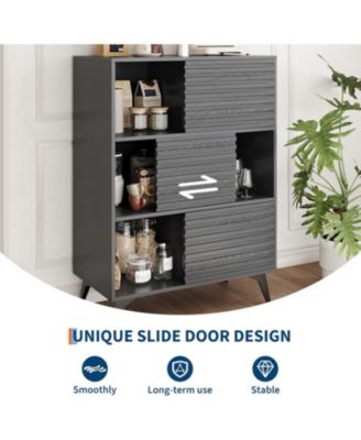 31" Fluted Sliding Door Sideboard,Modern Wooden Storage Cabinet with Metal Base, Floor-Standing Storage Cabinet