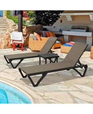 Lounge Chairs Set, Aluminum Adjustable Outdoor Chaise Lounge with Wheels, 2 Poolside Chairs,1 Side Table, Textilene