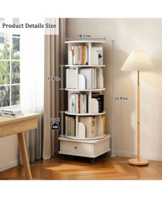 5 Tier Rotating Bookshelf with Drawers On Wheel, 360° Display Spinning Corner Bookcase, Wooden Storage Rack for Study Room