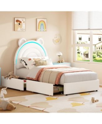 Velvet Upholstered Platform Bed Frame with LED Light, Storage Drawer, Cute Bear Headboard & Solid Wooden Slat Support