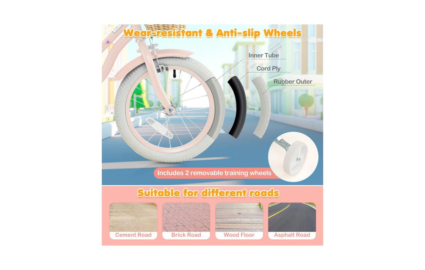 Детская игрушка HONGGE 16 Inch Kids Bike with Adjustable Handlebars and Removable Training Wheels, Ages 4+, цвет: Розовый — фото 4