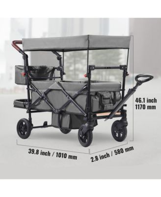 Wagon Stroller for 2 Kids, Push Pull Quad Collapsible Stroller with Adjustable Handle, Encircling Harness and Removable Canopy for Camping