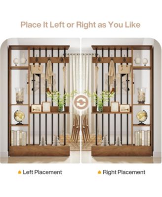 71" Wall Room Divider with Shelves & Coat Hooks, Wood Freestanding Room Divider Bookcase for Home & Office Decorative.