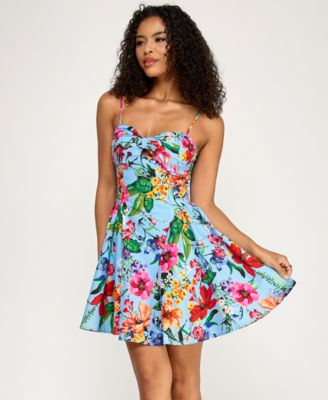 Juniors' Printed Twist-Front Soft Structured Sweetheart Neck Mini Dress