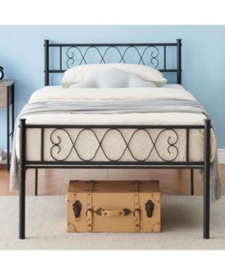 Twin Bed Frame Heart-Shaped Headboard Footboard Metal Slat Support Under-Bed Storage Noise-Free