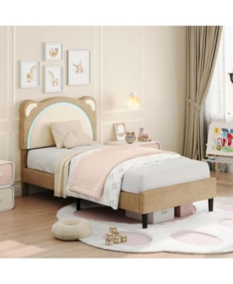 Twin Upholstered Platform Bed Frame Adjustable LED Headboard Wooden Slats No Box Spring Modern Smart