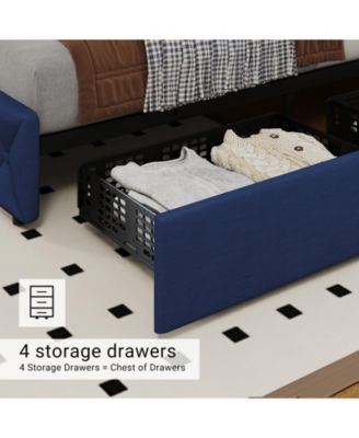 Bed Frame Adjustable Headboard 4 Storage Drawers Linen Upholstered Platform Diamond Tufted No Box Spring