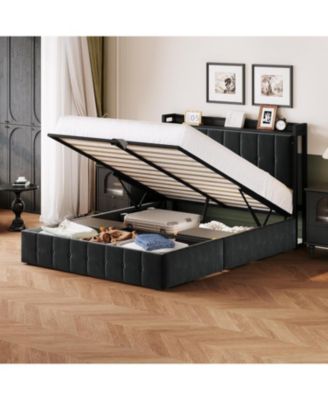 Bed Frame Lift-Up Storage Upholstered Velvet Tufted Headboard Metal Frame Wooden Slats No Box Spring