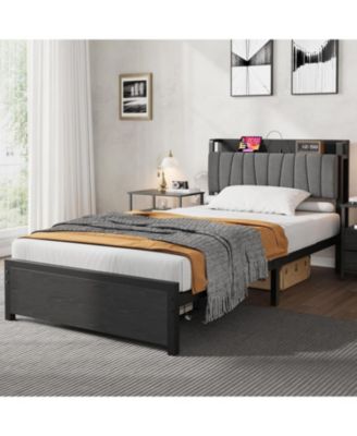 Loft Bed with Large Desk and 2-Tier Storage Shelves, Heavy Duty Metal Loft Bed with Ladder and Guardrail for Kids and Adults