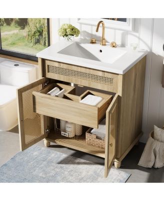 Natural Bathroom Vanity with Resin Sink, Freestanding Cabinet with Rattan Doors & Soft Close for Modern Storage