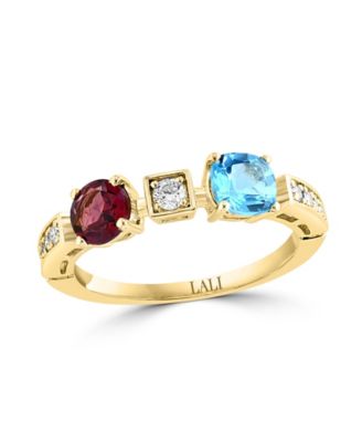 Swiss Blue Topaz (3/4 ct. t.w.), Rhodolite (1/6 ct. t.w.) & Diamond (1/6 ct. t.w.) Ring in 14k Yellow Gold