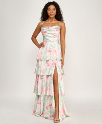 Juniors' Floral Strapless Pleated Square Neck Drop Waist Dress