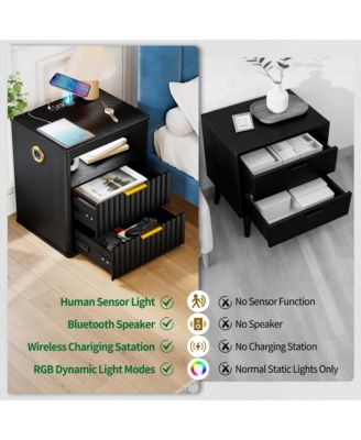 Vlrska 19.7-inch Wide Nightstand with Motion Sensor Function, LED Lights, and Wireless Charging Station