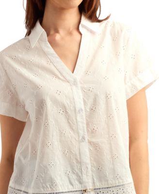 Women's Mini Floral Eyelet Collared Top