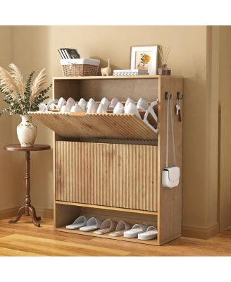 31.5''W Slim Fluted Shoe Cabinet for Entryway Freestanding Narrow Shoe Storage with 2 Flip Drawers Open Bottom Shelf and Side Hooks for Foyer