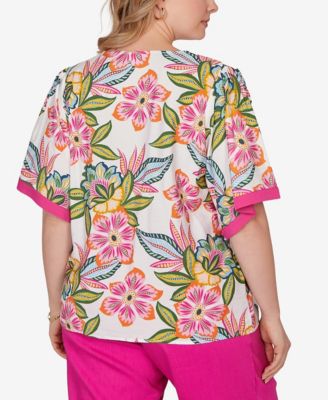 Plus Size Tropical Floral Trim Detail Top