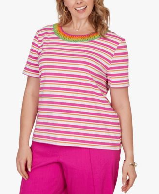 Plus Size Crochet Neck Stripe Knit Top