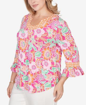 Plus Size Floral Puff Print Ruffle Sleeve Knit Top