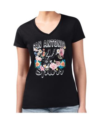 Women's Black San Antonio Spurs Super-Slim Fit Lightweight Flowers Team Logo Graphic V-Neck T-Shirt