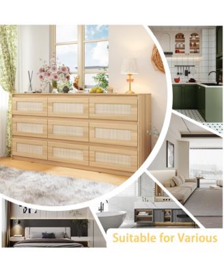 9-Drawer Rattan Bedroom Dresser, Modern Chest with Deep Drawers
