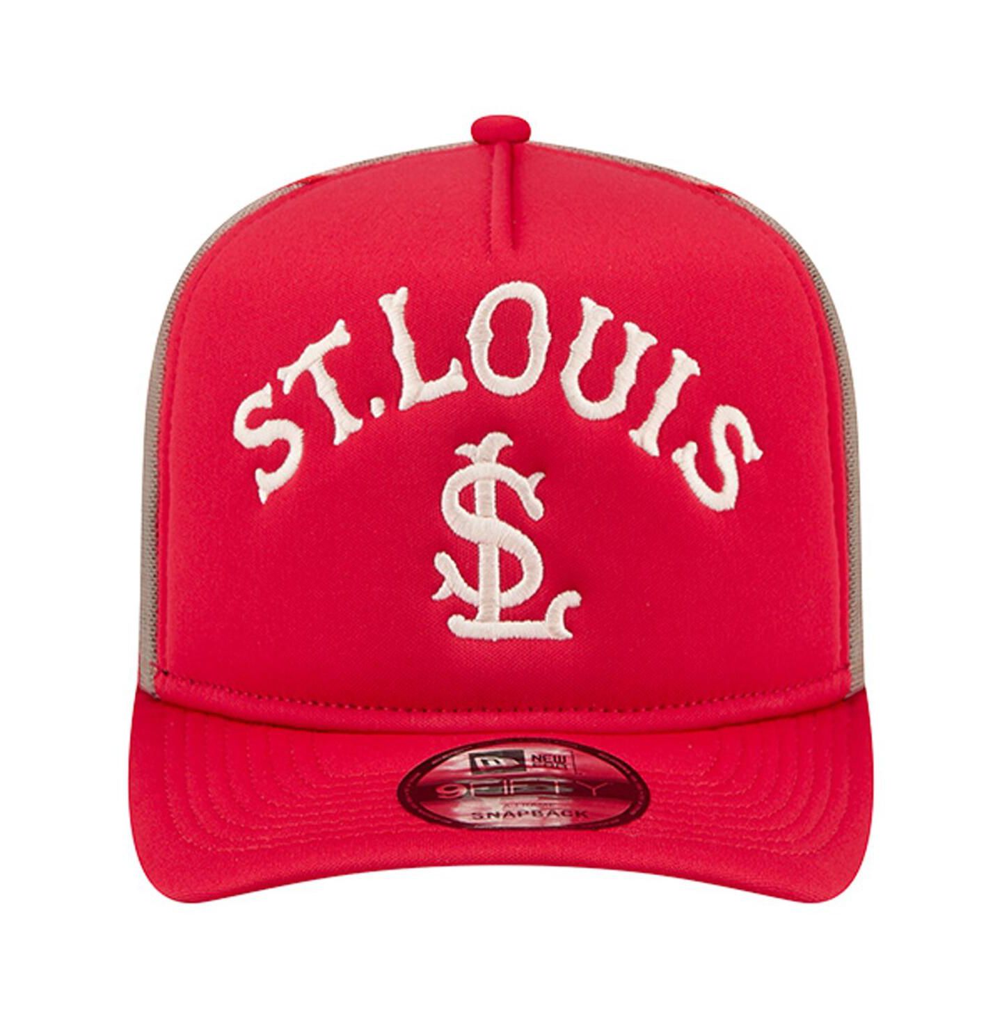 Мужская кепка New Era Red St. Louis Cardinals Vintage Arched Foam Front 9FIFTY A-Frame Adjustable Trucker Hat — фото 2