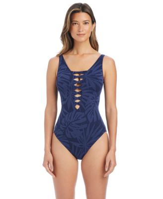 Women's Printed Lace-Front One-Piece Swimsuit