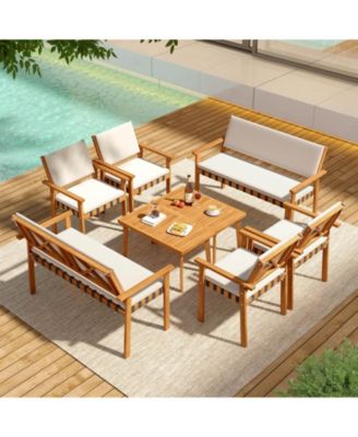 8 PCS Wood Furniture Set with Coffee Table Seat Back Cushions for Backyard